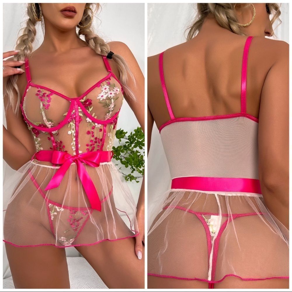❤️ NEW Romantic Flower Embroidery underwire nightwear dress lingerie set